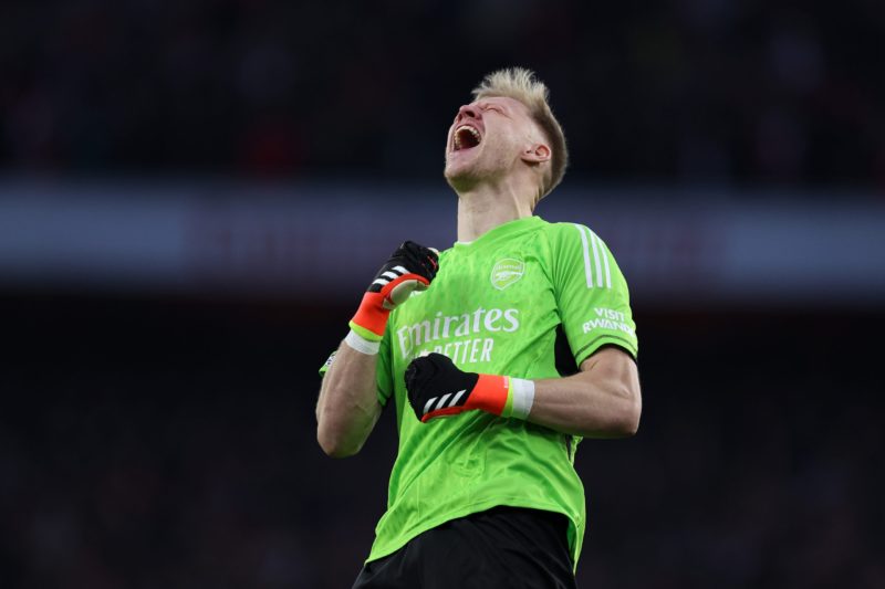 LONDON, ENGLAND - MARCH 09: Aaron Ramsdale of Arsenal celebrates after teammate Declan Rice (not pictured) scores the team's first goal during the ...