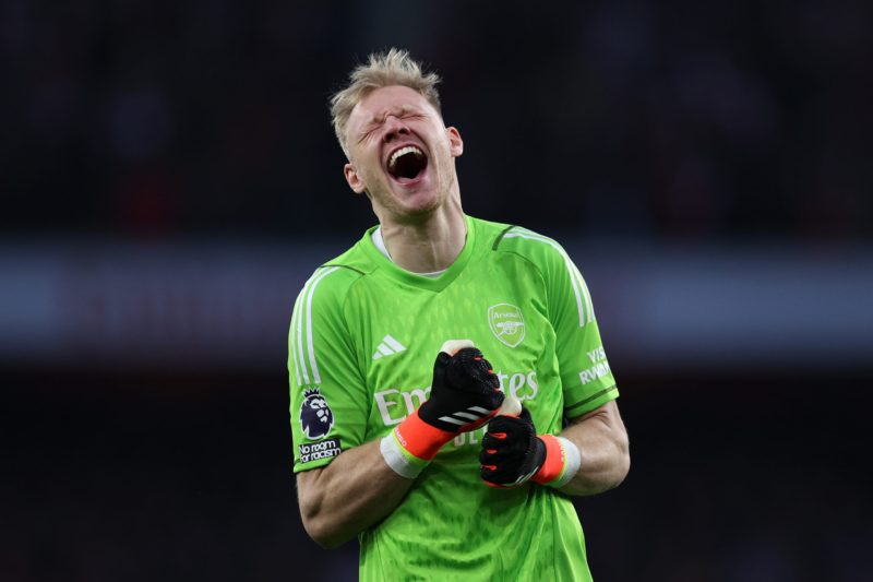 LONDON, ENGLAND - MARCH 09: Aaron Ramsdale of Arsenal celebrates after teammate Declan Rice (not pictured) scores the team's first goal during the ...