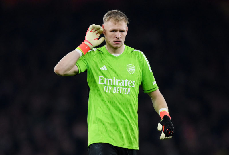 LONDON, ENGLAND - MARCH 09: Aaron Ramsdale of Arsenal celebrates victory in the Premier League match between Arsenal FC and Brentford FC at Emirate...