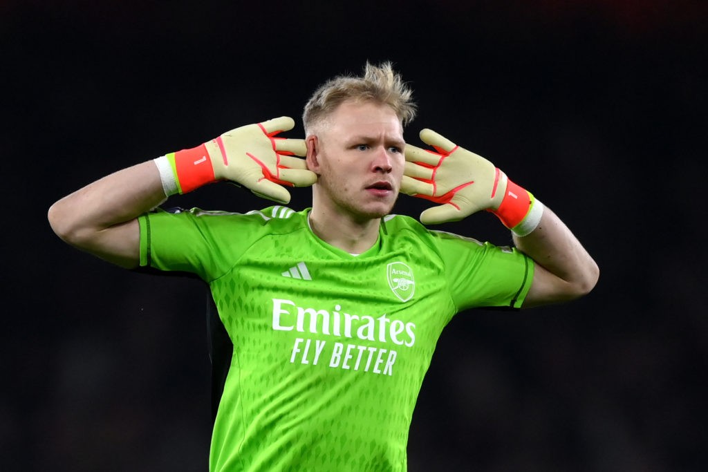 LONDON, ENGLAND - MARCH 09: Aaron Ramsdale of Arsenal celebrates after teammate Kai Havertz (not pictured) scores his team's second goal during the Premier League match between Arsenal FC and Brentford FC at Emirates Stadium on March 09, 2024 in London, England. (Photo by Justin Setterfield/Getty Images)