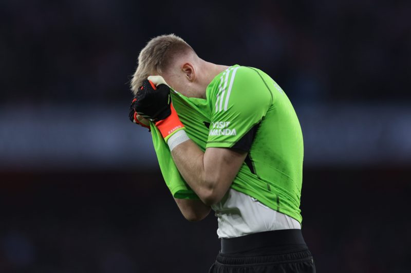 LONDON, ENGLAND - MARCH 09: Aaron Ramsdale of Arsenal reacts during the Premier League match between Arsenal FC and Brentford FC at Emirates Stadiu...