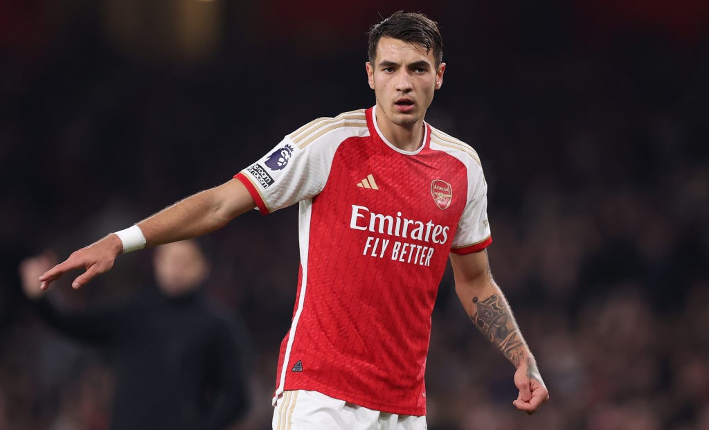 LONDON, ENGLAND - FEBRUARY 24: Jakub Kiwior of Arsenal during the Premier League match between Arsenal FC and Newcastle United at Emirates Stadium on February 24, 2024 in London, England. (Photo by Julian Finney/Getty Images)