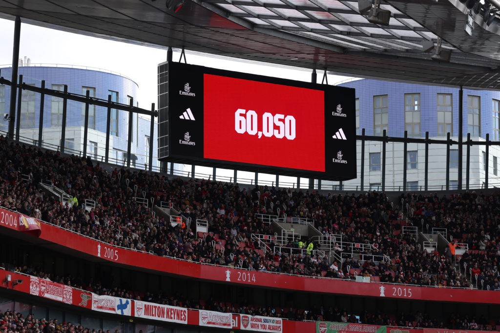 Bayern Munich set new ticket record for Arsenal women match 3 LONDON, ENGLAND - MARCH 03: A general view as the LED Screen displays the match attendance of "60, 050" during the Barclays Women's Super League match between Arsenal FC and Tottenham Hotspur at Emirates Stadium on March 03, 2024 in London, England. (Photo by Richard Heathcote/Getty Images)