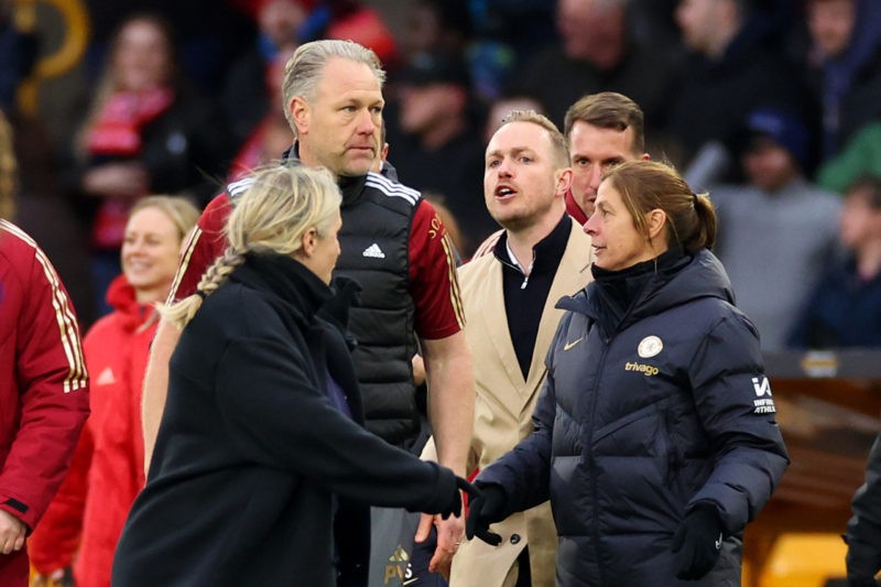 WOLVERHAMPTON, ENGLAND - MARCH 31: Jonas Eidevall, Manager of Arsenal, reacts towards Emma Hayes, Manager of Chelsea, after the FA Women's Continental Tyres League Cup Final match between Arsenal and Chelsea at Molineux on March 31, 2024 in Wolverhampton, England. (Photo by Marc Atkins/Getty Images)