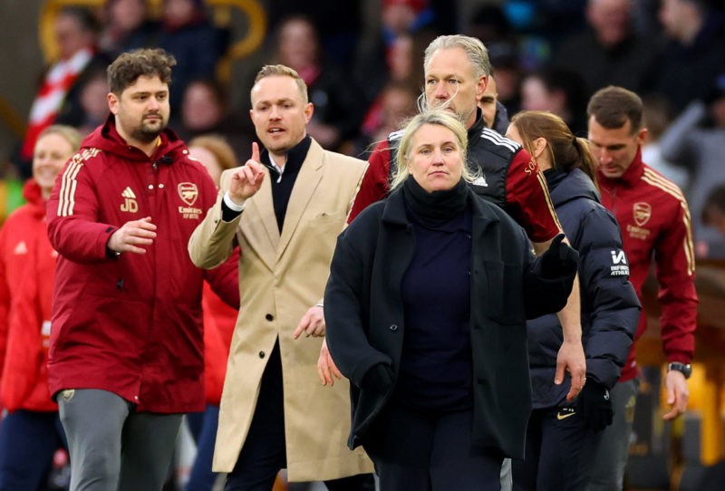 WOLVERHAMPTON, ENGLAND - MARCH 31: Emma Hayes, Manager of Chelsea, walks away from Jonas Eidevall, Manager of Arsenal, following an altercation bet...