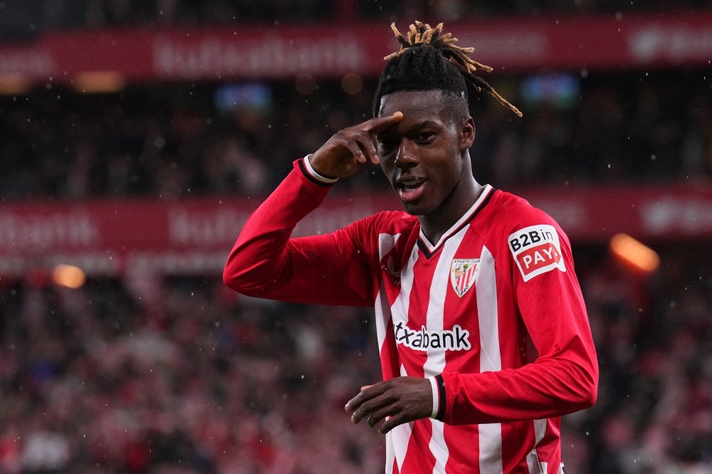 BILBAO, SPAIN: Nico Williams of Athletic Bilbao celebrates scoring the 2nd goal during the Copa del Rey Semifinal match between Athletic Club Bilba...