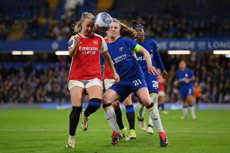 LONDON, ENGLAND - MARCH 15: Beth Mead of Arsenal and Niamh Charles of Chelsea battle for a header during the Barclays Women´s Super League match be...