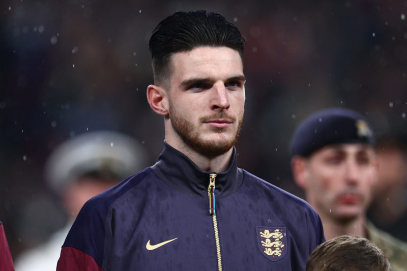 LONDON, ENGLAND - MARCH 26: Declan Rice of England looks on prior to the international friendly match between England and Belgium at Wembley Stadiu...