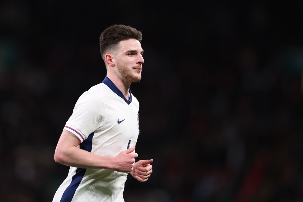 LONDON, ENGLAND: Declan Rice of England during the international friendly match between England and Brazil at Wembley Stadium on March 23, 2024. (P...