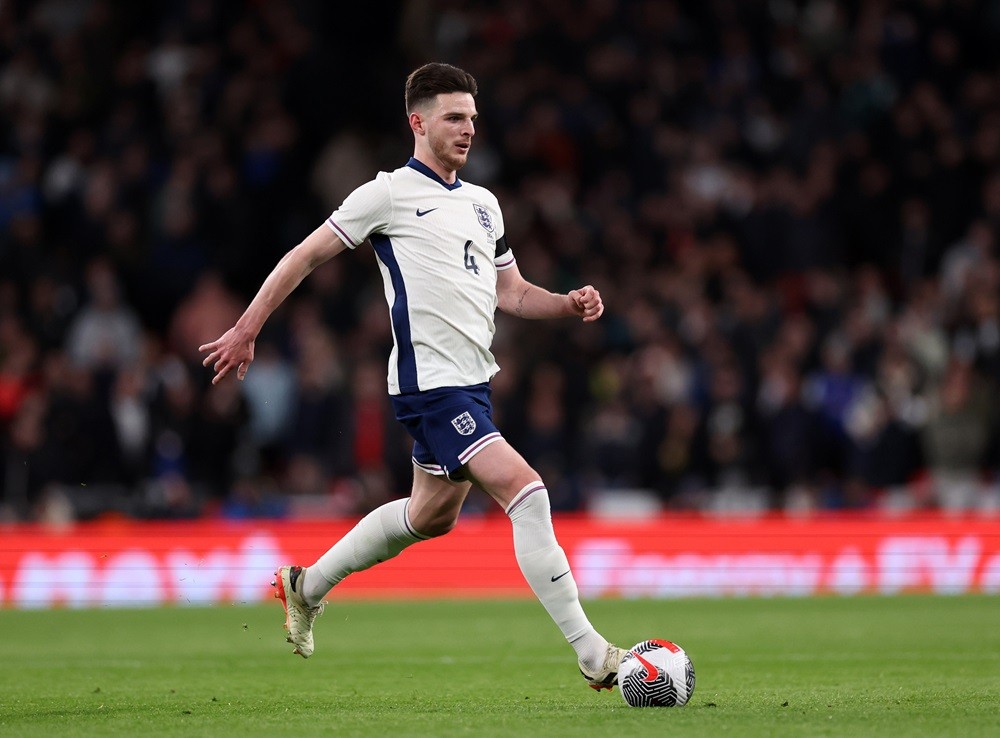 LONDON, ENGLAND: Declan Rice of England during the international friendly match between England and Brazil at Wembley Stadium on March 23, 2024. (P...