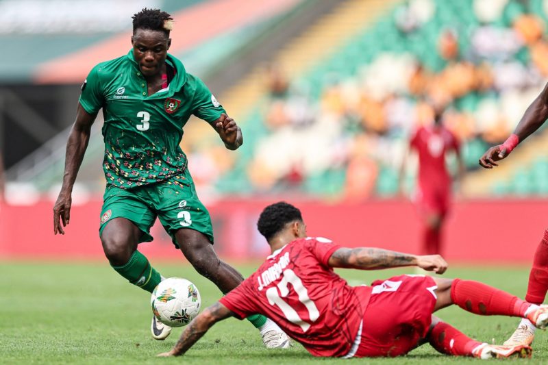 Guinea-Bissau's forward #3 Franculino Gluda Dju (L) fights for the ball with Equatorial Guinea's forward #17 Josete Miranda during the Africa Cup of Nations (CAN) 2024 group A football match between Equatorial Guinea and Guinea-Bissau at the Alassane Ouattara Olympic Stadium in Ebimpe, Abidjan, on January 18, 2024. (Photo by FRANCK FIFE/AFP via Getty Images)