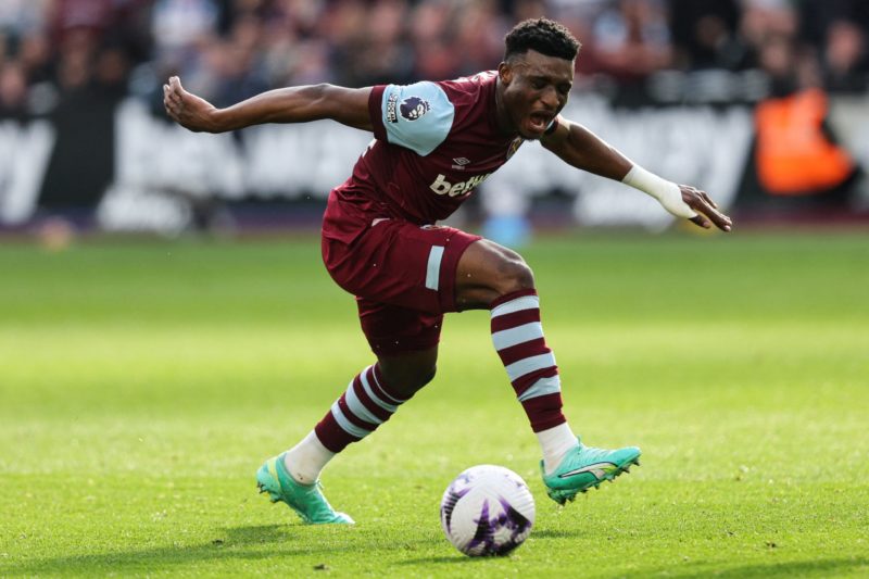 West Ham United's Ghanaian midfielder #14 Mohammed Kudus reacts during the English Premier League football match between West Ham United and Aston ...