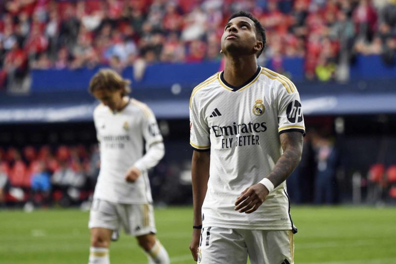 Real Madrid's Brazilian forward #11 Rodrygo looks upwards during the Spanish league football match between CA Osasuna and Real Madrid CF at El Sadar stadium in Pamplona on March 16, 2024. (Photo by ANDER GILLENEA/AFP via Getty Images)