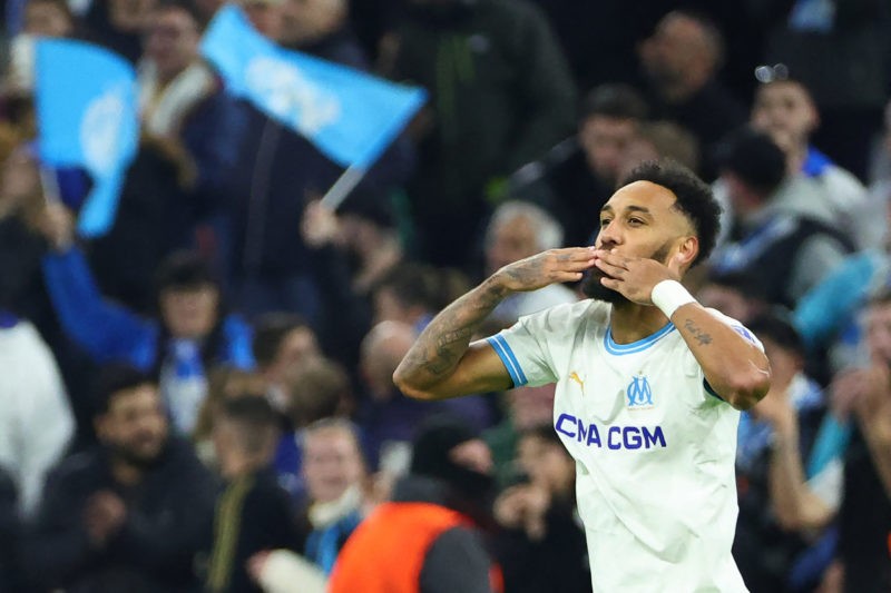 Marseille's French forward #10 Pierre-Emerick Aubameyang celebrates after scoring his team's fourth goal during the UEFA Europa League round of 16 ...