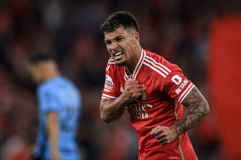 Benfica's Brazilian forward #36 Marcos Leonardo celebrates after scoring his team's sixth goal during the Portuguese league football match between ...