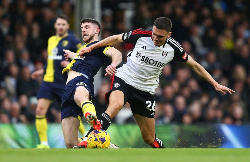 LONDON, ENGLAND - FEBRUARY 10: Joao Palhinha of Fulham is challenged by Ryan Christie of AFC Bournemouth during the Premier League match between Fulham FC and AFC Bournemouth at Craven Cottage on February 10, 2024 in London, England. (Photo by Charlie Crowhurst/Getty Images)