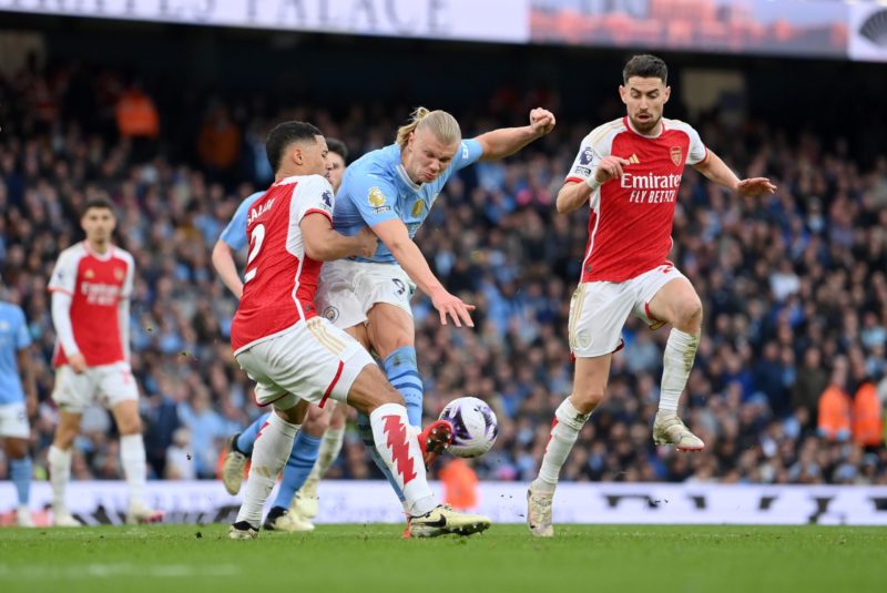 Arsenal's defensive key against Bayern Munich 4 MANCHESTER, ENGLAND - MARCH 31: Erling Haaland of Manchester City is challenged by William Saliba of Arsenal during the Premier League match between Manchester City and Arsenal FC at Etihad Stadium on March 31, 2024 in Manchester, England. (Photo by Justin Setterfield/Getty Images) (Photo by Justin Setterfield/Getty Images)