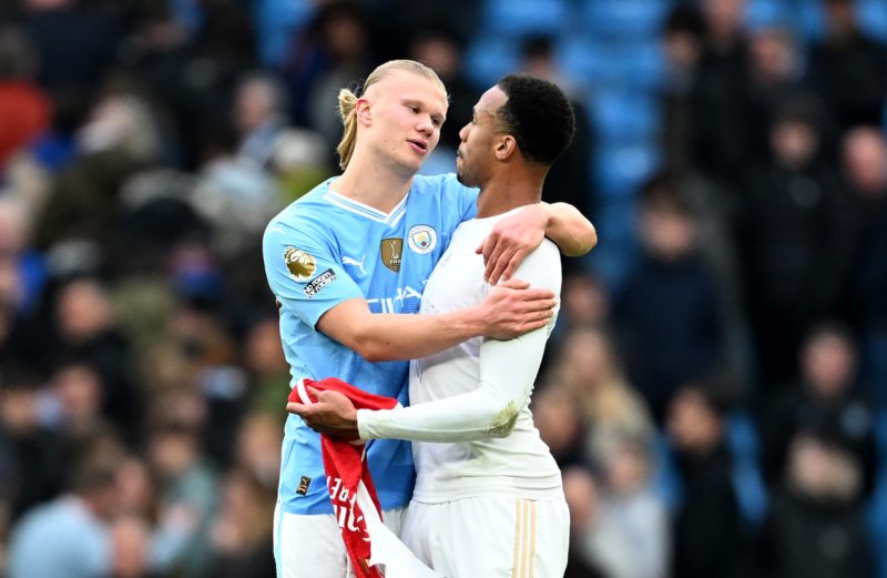 Arsenal injury update ahead of Manchester City match 9 MANCHESTER, ENGLAND - MARCH 31: Erling Haaland of Manchester City interacts with Gabriel of Arsenal following the Premier League match between Manchester City and Arsenal FC at Etihad Stadium on March 31, 2024 in Manchester, England. (Photo by Michael Regan/Getty Images)