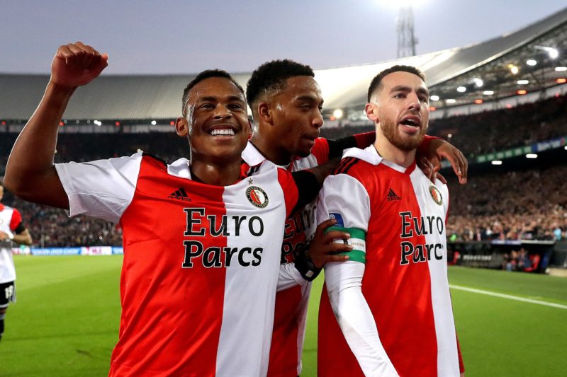 Arsenal considering move for Jurrien Timber's twin brother 3 Feyenoord's Brazilian forward Igor Paixao (L), Feyenoord's Dutch midfielder Quinten Timber and Feyenoord's Dutch midfielder Orkun Kokcu celebrate during the Dutch Eredivisie match between Feyenoord Rotterdam and Excelsior Rotterdam at Feyenoord Stadium de Kuip in Rotterdam on November 13, 2022. - Netherlands OUT Netherlands OUT (Photo by PIETER STAM DE JONGE/ANP/AFP via Getty Images)