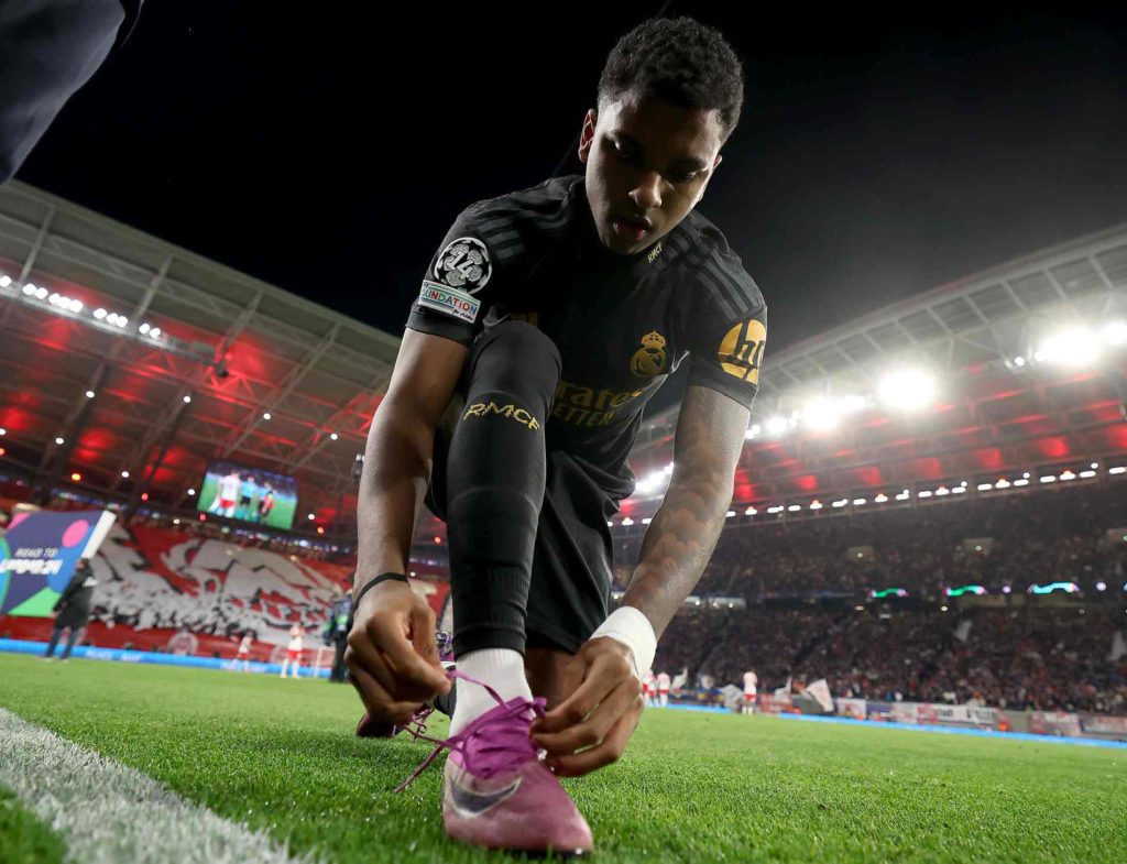 LEIPZIG, GERMANY - FEBRUARY 13: Rodrygo of Real Madrid prepares for the UEFA Champions League 2023/24 round of 16 first leg match between RB Leipzig and Real Madrid CF at Red Bull Arena on February 13, 2024 in Leipzig, Germany. (Photo by Alexander Hassenstein/Getty Images)