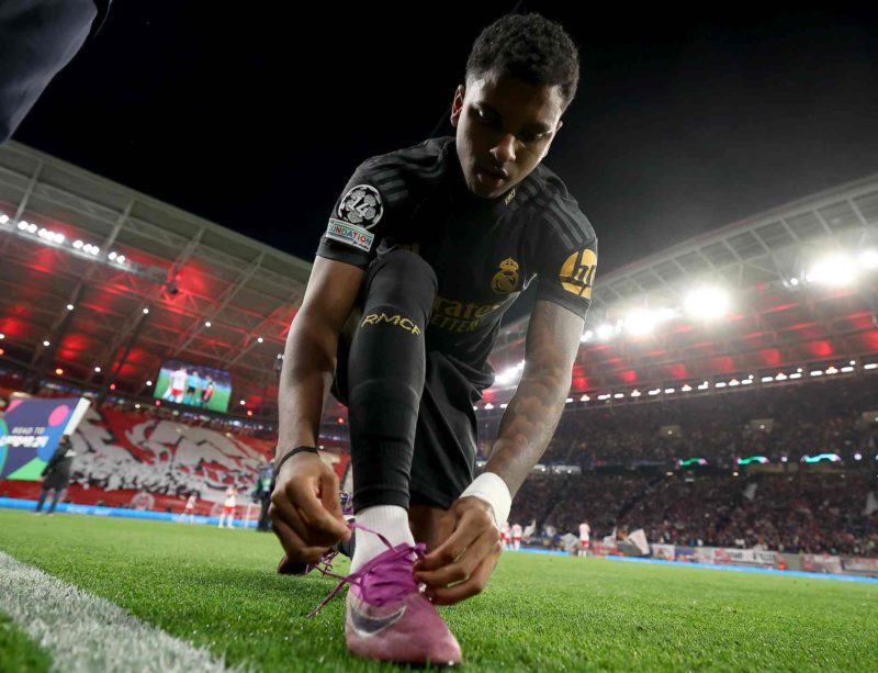 LEIPZIG, GERMANY - FEBRUARY 13: Rodrygo of Real Madrid prepares for the UEFA Champions League 2023/24 round of 16 first leg match between RB Leipzi...