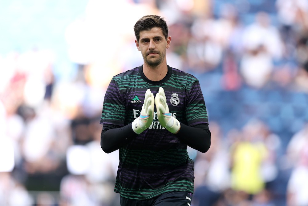 MADRID, SPAIN: Thibaut Courtois of Real Madrid warms up prior to the LaLiga Santander match between Real Madrid CF and Athletic Club at Estadio San...