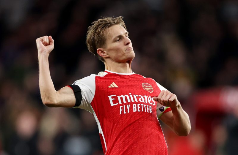 LONDON, ENGLAND - APRIL 23: Martin Odegaard of Arsenal celebrates after the team's victory during the Premier League match between Arsenal FC and C...