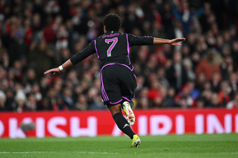LONDON, ENGLAND - APRIL 09: Serge Gnabry of Bayern Munich celebrates scoring his team's first goal during the UEFA Champions League quarter-final first leg match between Arsenal FC and FC Bayern München at Emirates Stadium on April 09, 2024 in London, England. (Photo by Shaun Botterill/Getty Images)