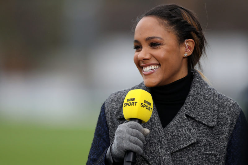 BOREHAMWOOD, ENGLAND - SEPTEMBER 26: BBC Sport presenter Alex Scott is seen during the Vitality Women's FA Cup: Quarter Final match between Arsenal...