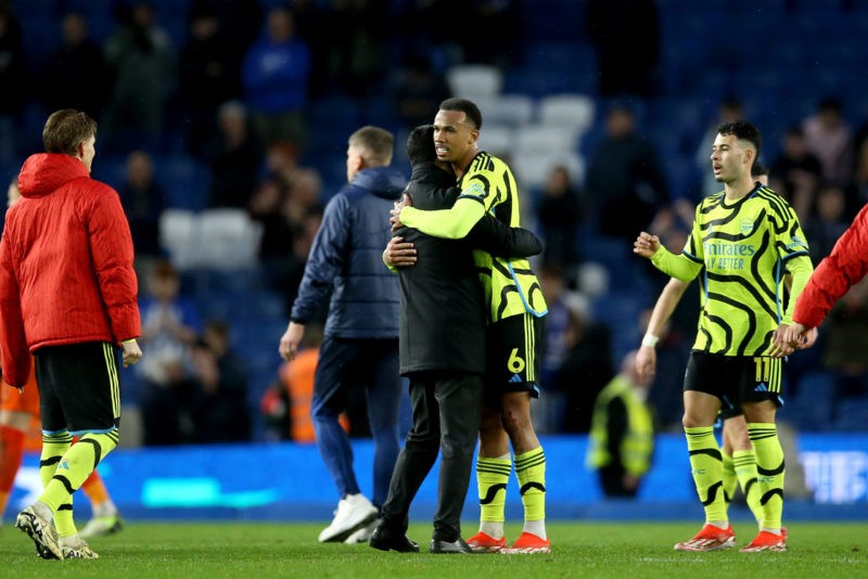 BRIGHTON, ENGLAND - APRIL 06: Mikel Arteta, Manager of Arsenal, embraces Gabriel following the team’s victory during the Premier League match between Brighton & Hove Albion and Arsenal FC at American Express Community Stadium on April 06, 2024 in Brighton, England. (Photo by Steve Bardens/Getty Images)