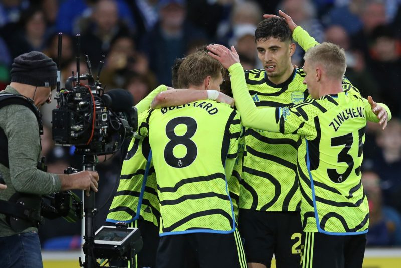 BRIGHTON, ENGLAND - APRIL 06: Kai Havertz of Arsenal celebrates scoring his team's second goal with teammates during the Premier League match betwe...