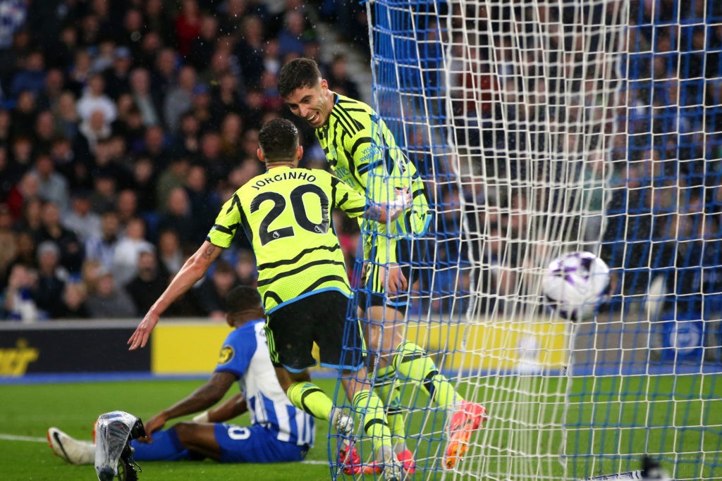 BRIGHTON, ENGLAND - APRIL 06: Kai Havertz of Arsenal celebrates scoring his team's second goal with teammate Jorginho during the Premier League match between Brighton & Hove Albion and Arsenal FC at American Express Community Stadium on April 06, 2024 in Brighton, England. (Photo by Steve Bardens/Getty Images)