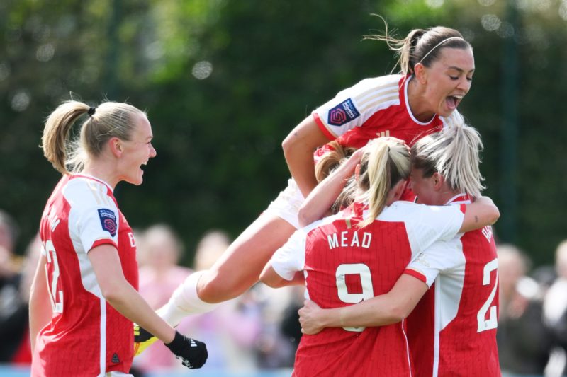 LIVERPOOL, ENGLAND - APRIL 28: Alessia Russo of Arsenal celebrates scoring her team's first goal with teammates during the Barclays Women´s Super L...