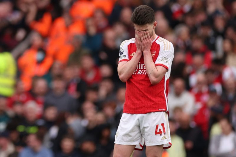 Arsenal's English midfielder #41 Declan Rice reacts to going two goals behind during the English Premier League football match between Arsenal and ...