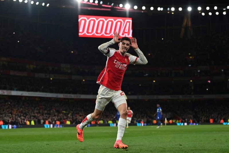 Arsenal's German midfielder #29 Kai Havertz celebrates after scoring their third goal during the English Premier League football match between Arse...