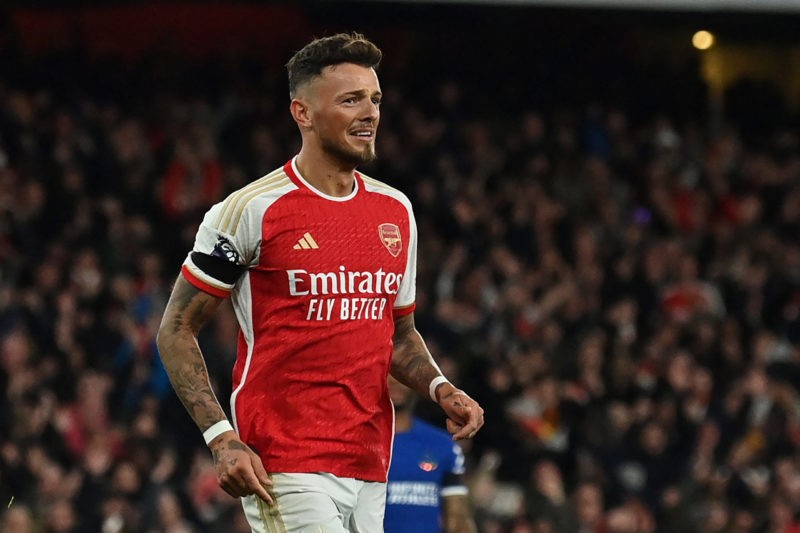 Arsenal's English defender #04 Ben White celebrates after scoring their fifth goal during the English Premier League football match between Arsenal...