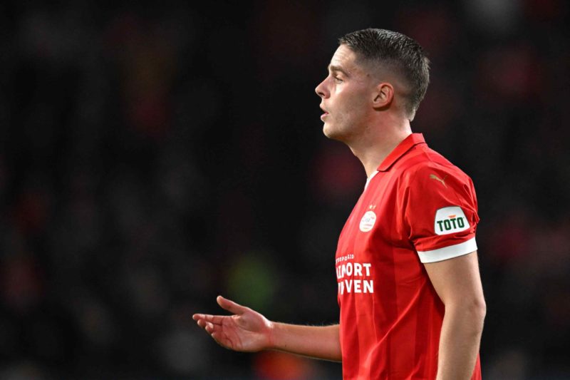 PSV's Dutch midfielder #23 Joey Veerman reacts during the UEFA Champions League round of 16, first leg football match between against PSV Eindhoven and Borussia Dortmund at the The Philips Stadium, in Eindhoven on February 20, 2024. (Photo by JOHN THYS/AFP via Getty Images)
