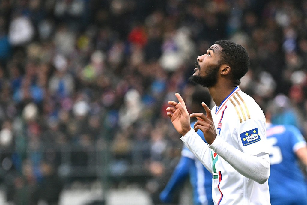 Lyon's English midfielder #11 Ainsley Maitland-Niles celebrates after scoring his team's second goal during the French Cup football match between CA Pontarlier and Olympique Lyonnais (OL) at the Leo Lagrange Stadium, in Besancon, eastern France, on January 7, 2024. (Photo by SEBASTIEN BOZON/AFP via Getty Images)