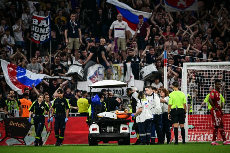 Maitland-Niles scores winner after serious Lacazette injury drama 2 Lyon's French forward #10 Alexandre Lacazette is evacuated on a stretcher after being injured during the French L1 football match beetween Olympique Lyonnais and Stade Brestois 29 at the Groupama Stadium in Decines-Charpieu, near Lyon, on April 14, 2024. (Photo by OLIVIER CHASSIGNOLE/AFP via Getty Images)
