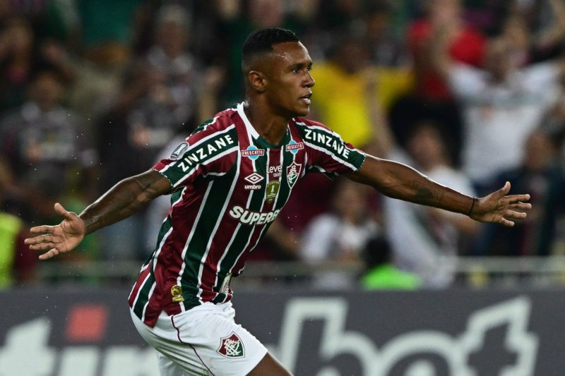 Fluminense's forward Marquinhos celebrates after scoring during the Copa Libertadores group stage first leg football match between Brazil's Flumine...