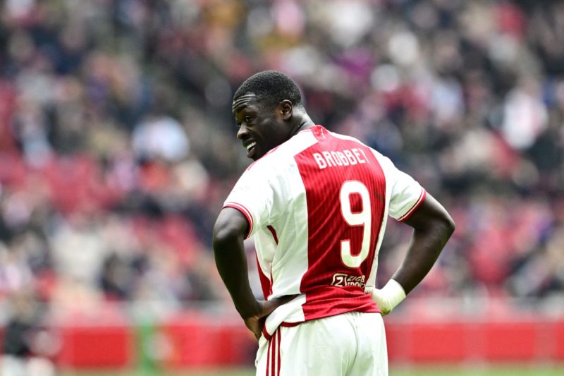 Ajax's Dutch forward #09 Brian Brobbey reacts at the end of the Dutch Eredivisie football match between Ajax Amsterdam and Fortuna Sittard at the J...