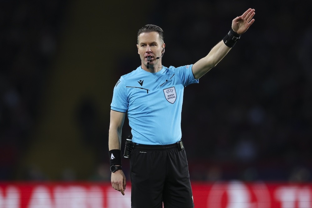 BARCELONA, SPAIN: Referee Danny Makkelie gestures during the UEFA Champions League 2023/24 round of 16 second leg match between FC Barcelona and SS...