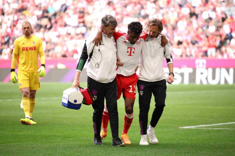 MUNICH, GERMANY - APRIL 13: Kingsley Coman of Bayern Munich is substituted off following an injury during the Bundesliga match between FC Bayern Mü...