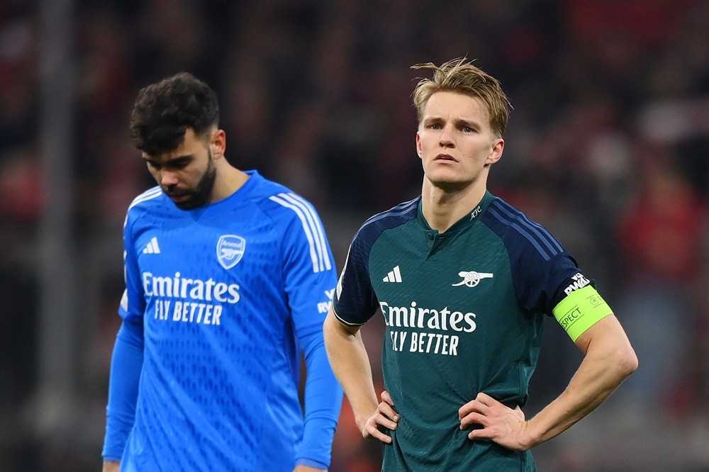 MUNICH, GERMANY: Martin Odegaard of Arsenal looks dejected after the team's defeat and elimination from the UEFA Champions League during the UEFA C...