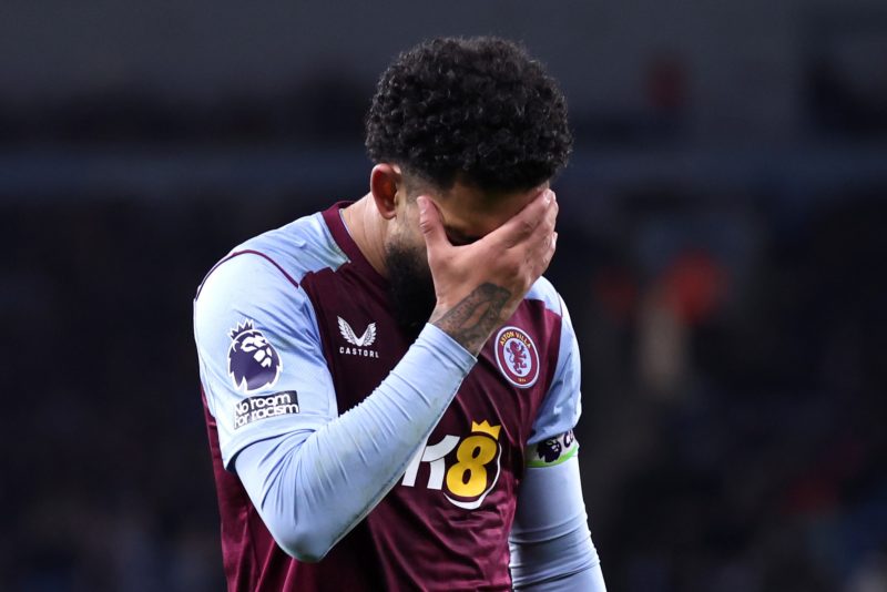 MANCHESTER, ENGLAND - APRIL 03: Douglas Luiz of Aston Villa reacts following a missed chance during the Premier League match between Manchester Cit...