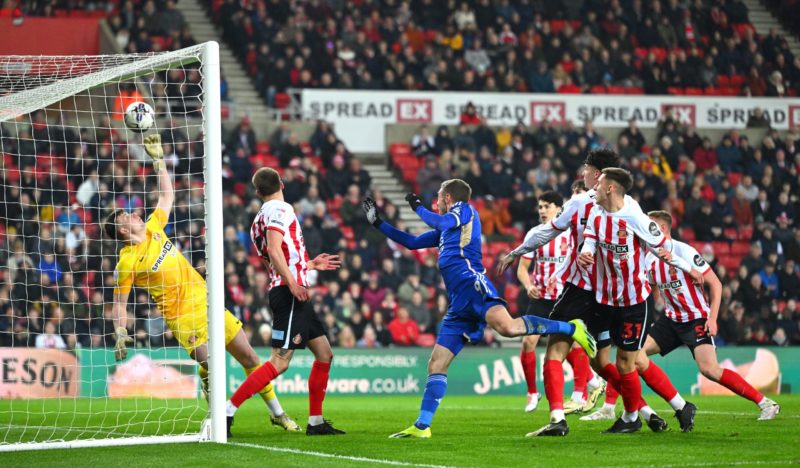 Arsenal turn to Sunderland as Ramsdale's exit looms 3 SUNDERLAND, ENGLAND - MARCH 05: Sunderland goalkeeper Anthony Patterson is beaten by a header from Leicester striker Jamie Vardy for the first goal during the Sky Bet Championship match between Sunderland and Leicester City at Stadium of Light on March 05, 2024 in Sunderland, England. (Photo by Stu Forster/Getty Images)