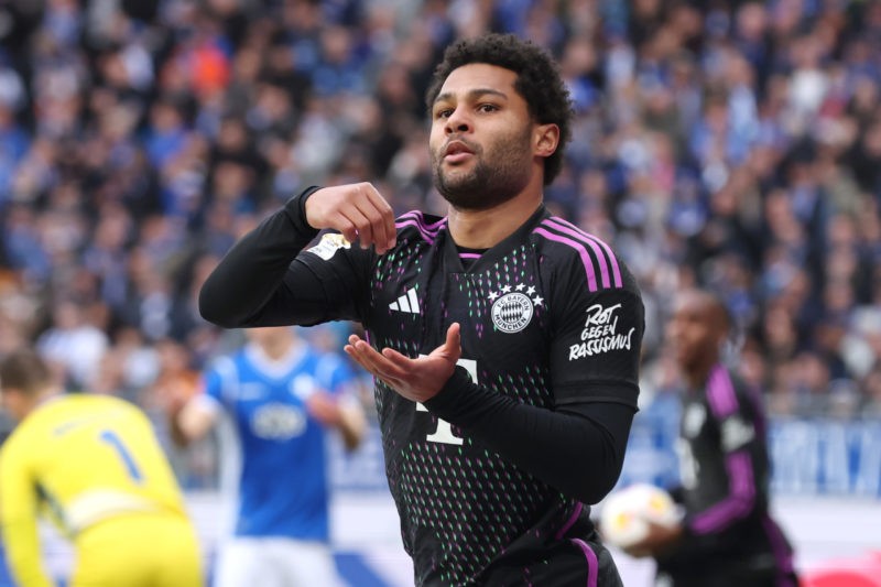 DARMSTADT, GERMANY - MARCH 16: Serge Gnabry of Bayern Muenchen celebrates the team's fourth goal during the Bundesliga match between SV Darmstadt 9...
