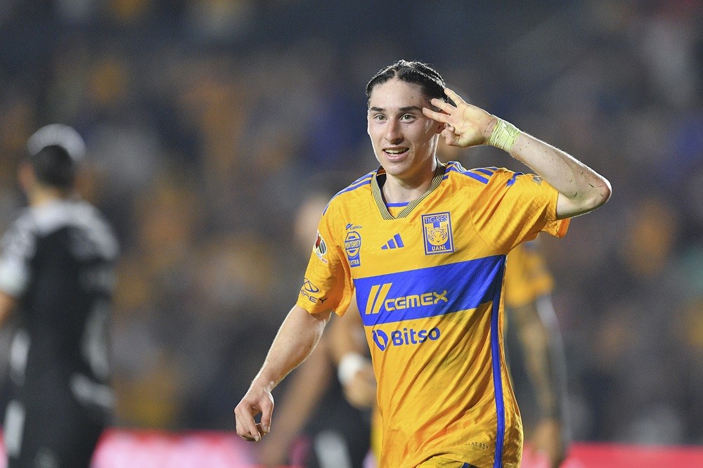 MONTERREY, MEXICO: Marcelo Flores of Tigres celebrates after scoring the team’s fifth goal during the 16th round match between Tigres UANL and Neca...