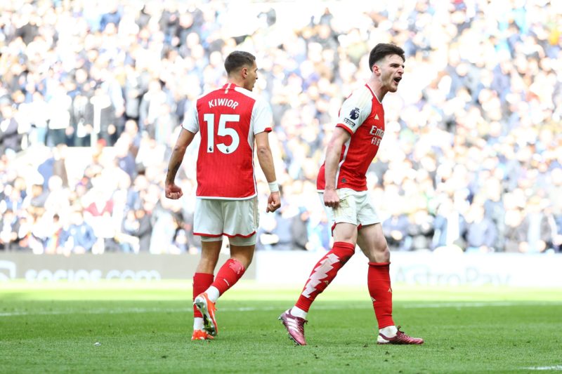 Declan Rice explains why he chose Arsenal over Man City 3 LONDON, ENGLAND - APRIL 28: Declan Rice and Jakub Kiwior of Arsenal celebrate after the team's victory during the Premier League match between Tottenham Hotspur and Arsenal FC at Tottenham Hotspur Stadium on April 28, 2024 in London, England. (Photo by Clive Rose/Getty Images)