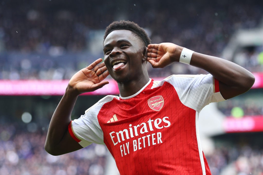 3 Arsenal players make Team of the Week after Spurs win 2 LONDON, ENGLAND - APRIL 28: Bukayo Saka of Arsenal celebrates scoring his team's second goal during the Premier League match between Tottenham Hotspur and Arsenal FC at Tottenham Hotspur Stadium on April 28, 2024 in London, England. (Photo by Clive Rose/Getty Images)